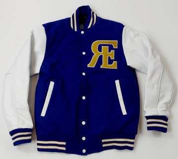 BLUE AND WHITE ROYAL ESTATE VARSITY JACKET