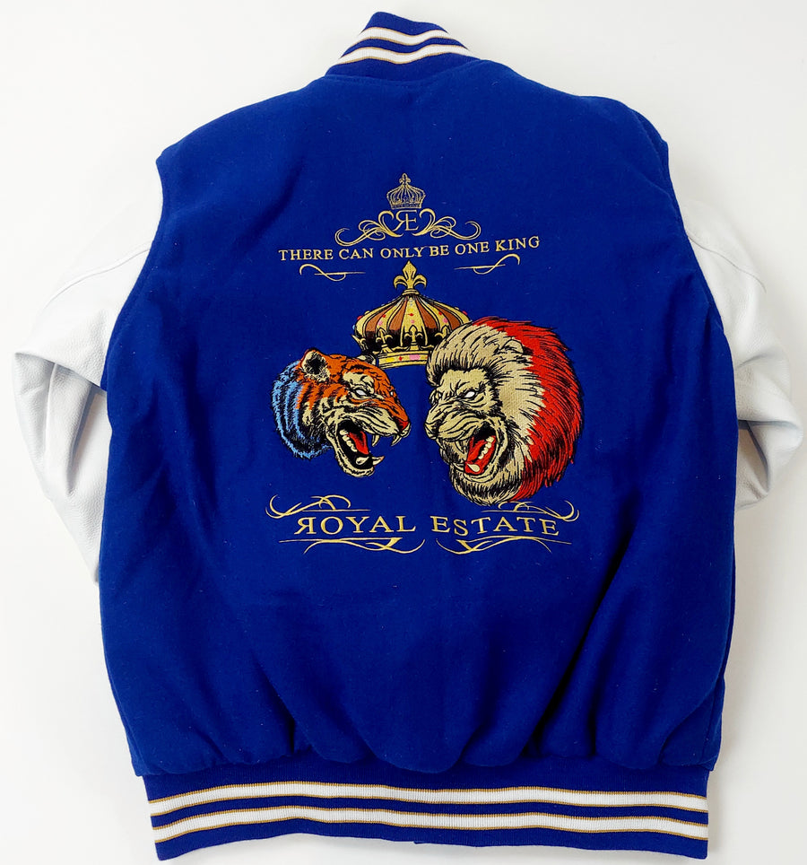 BLUE AND WHITE ROYAL ESTATE VARSITY JACKET