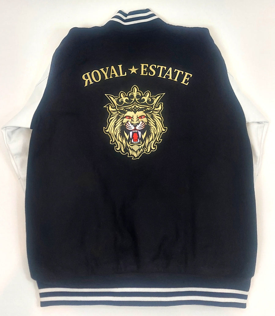 BLACK AND WHITE ROYAL ESTATE VARSITY JACKET