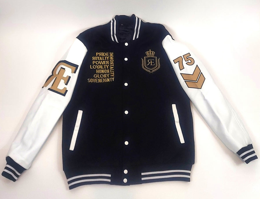 BLACK AND WHITE ROYAL ESTATE VARSITY JACKET