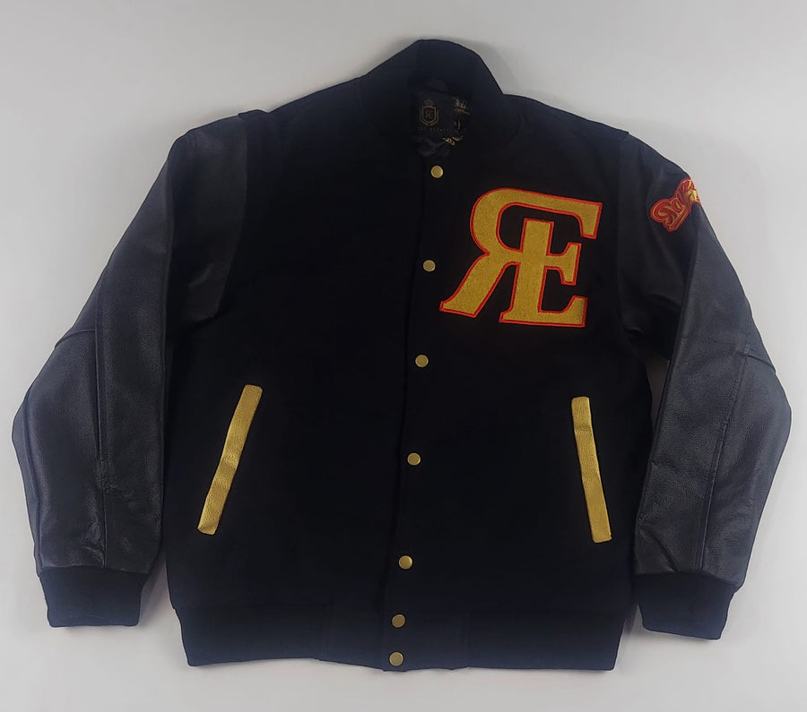 BLACK AND GOLD ROYAL ESTATE VARSITY JACKET