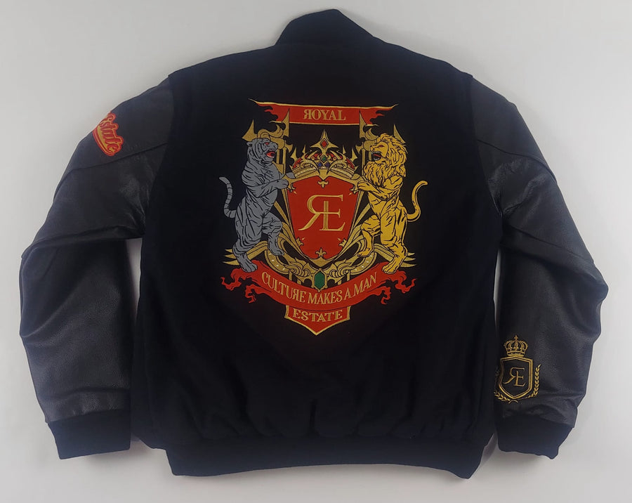 BLACK AND GOLD ROYAL ESTATE VARSITY JACKET